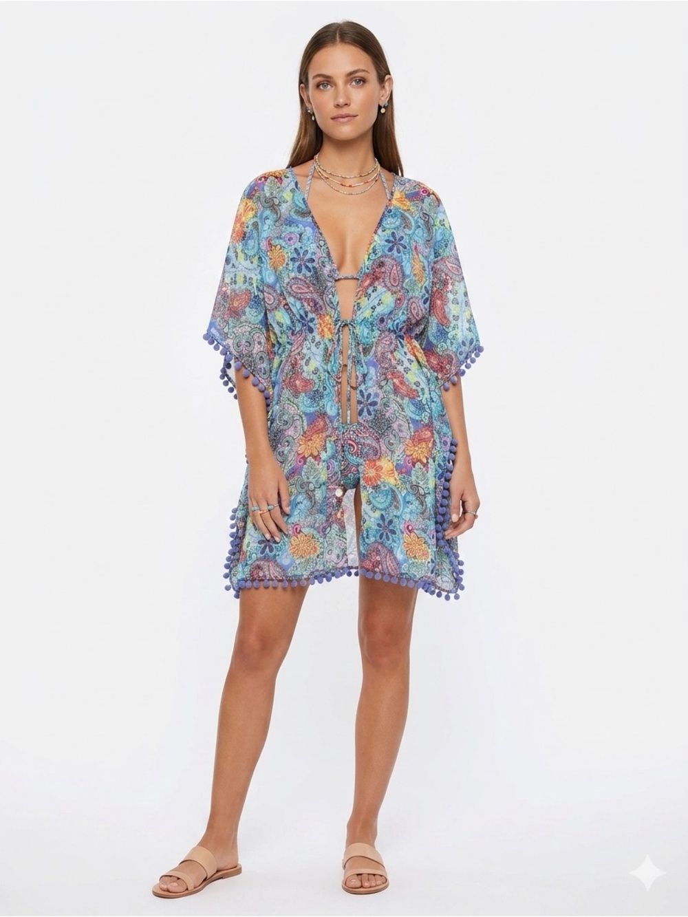 Bleu Rod Beattie Aqua Paisley Pom-Pom Kimono Cover-Up - Picture 9 of 9